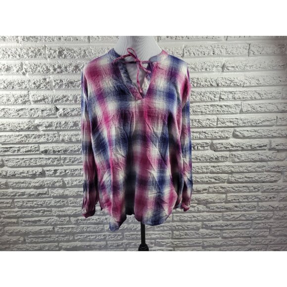 Bit Bridle Womens Top 2X Plus Tunic Long Sleeve Purple Blue Plaid PLA135XE - Picture 1 of 8